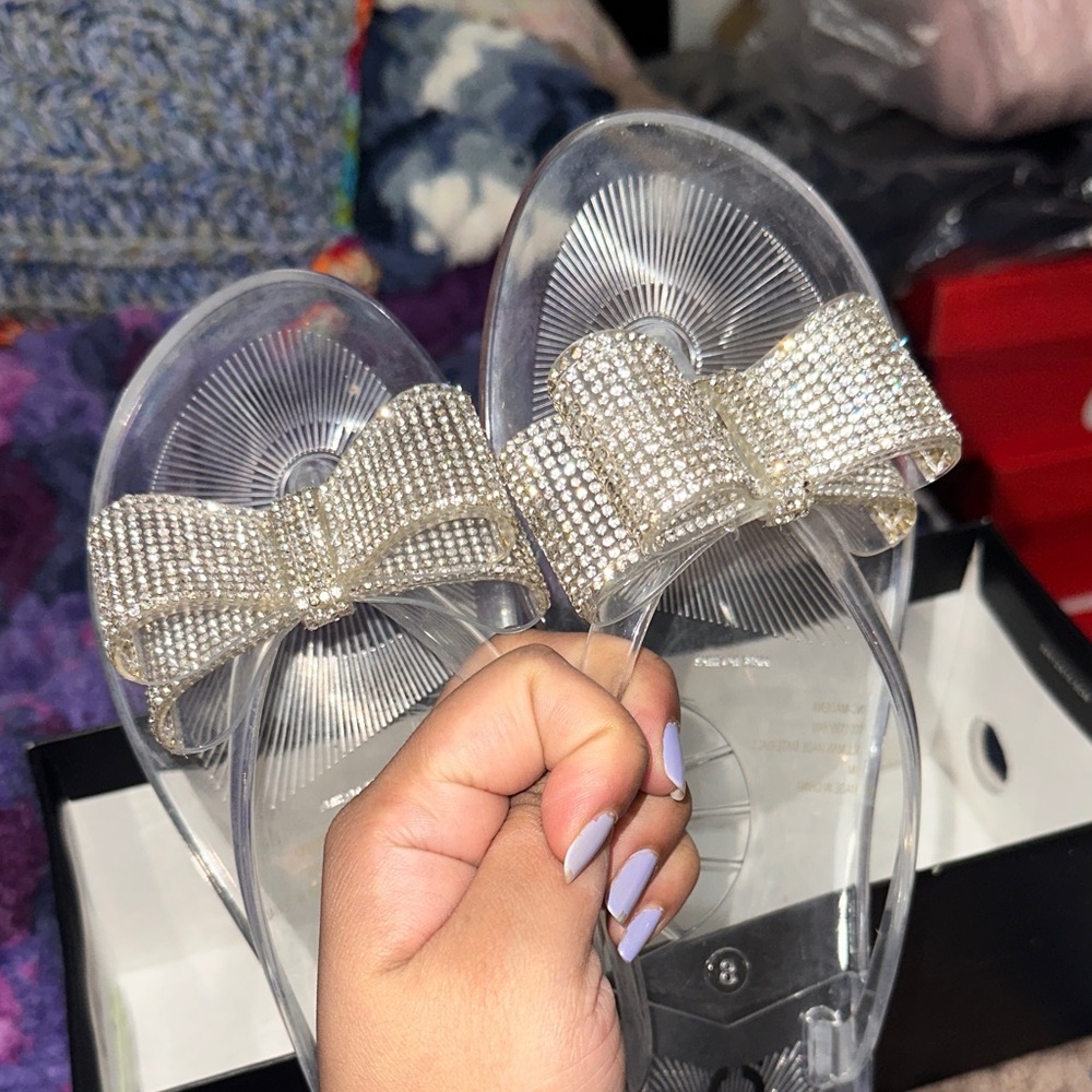 INC Clear Jelly Bow Sandals with Gold Rhinestone Bows - Picture 2 of 3